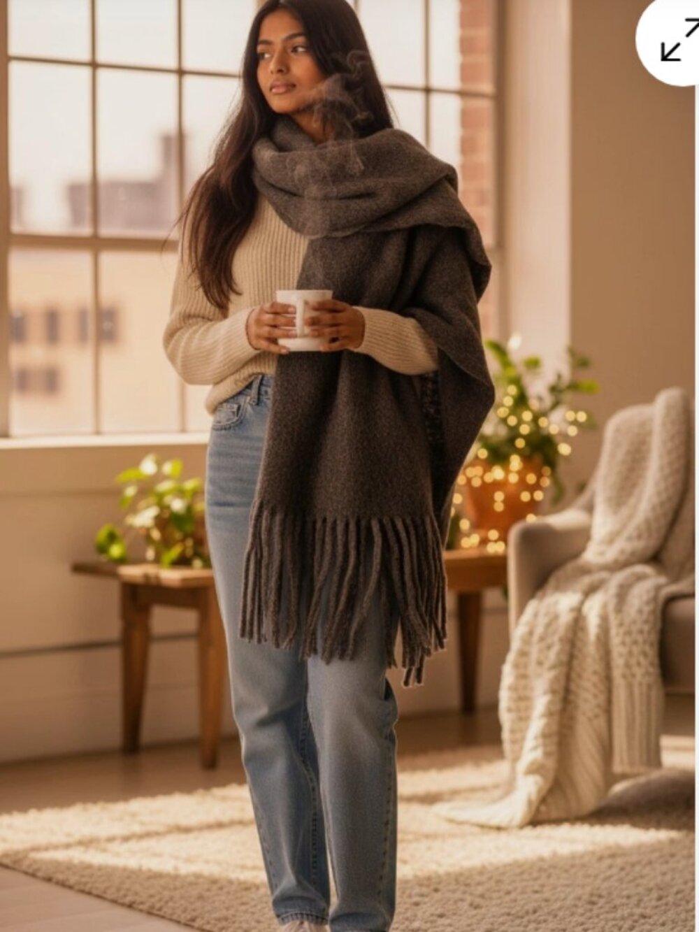 Lemon Scarf Oversized Wrap Gray Flannel Fringe Blanket Shawl Plaid Style O/S NWT
